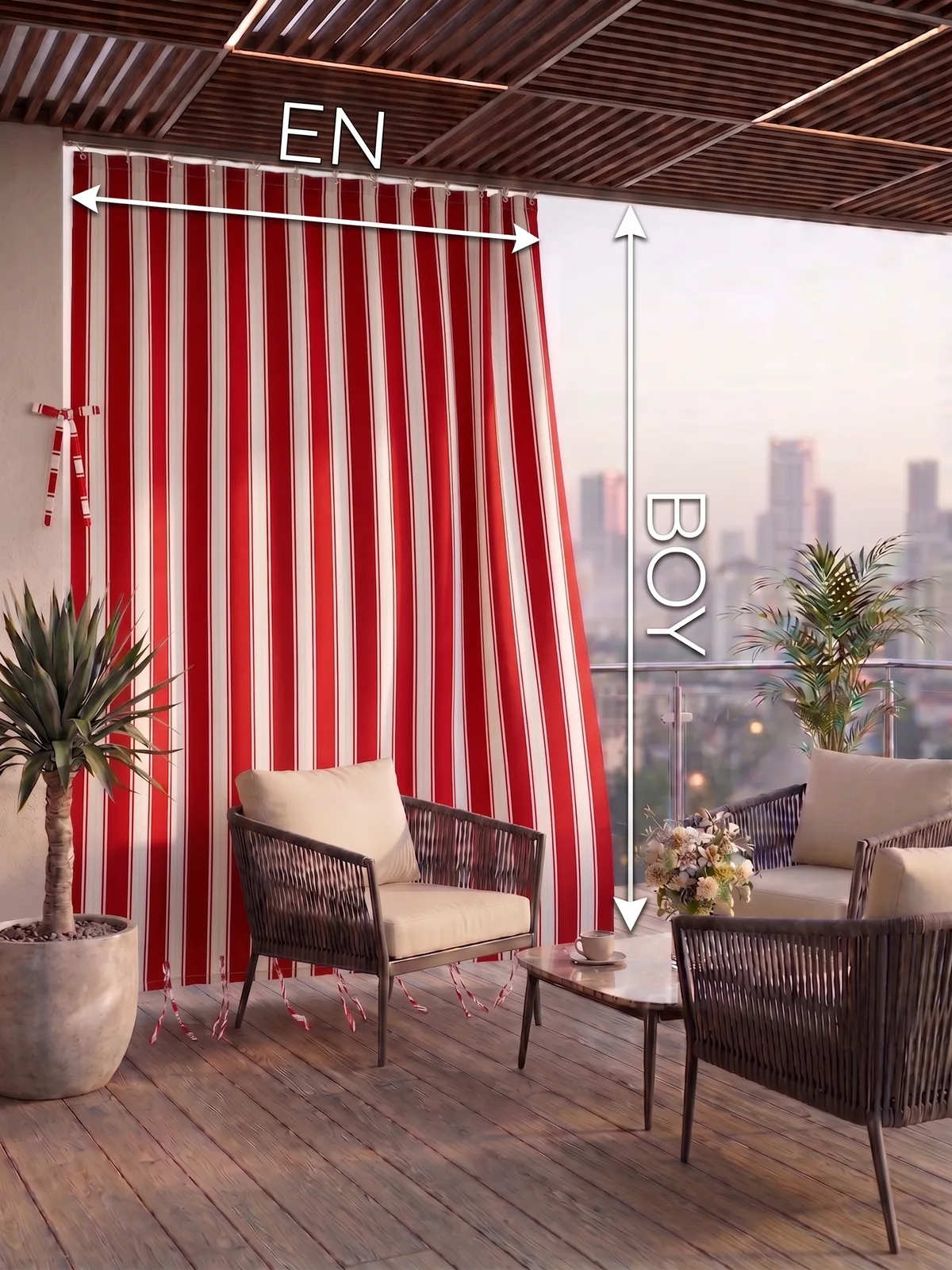 Bağcıklı balkon perdesi en ve boy ölçü gösterimi